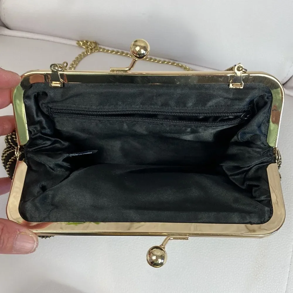 Ruffled Zipper Evening Bag Clutch Black Gold with Strap